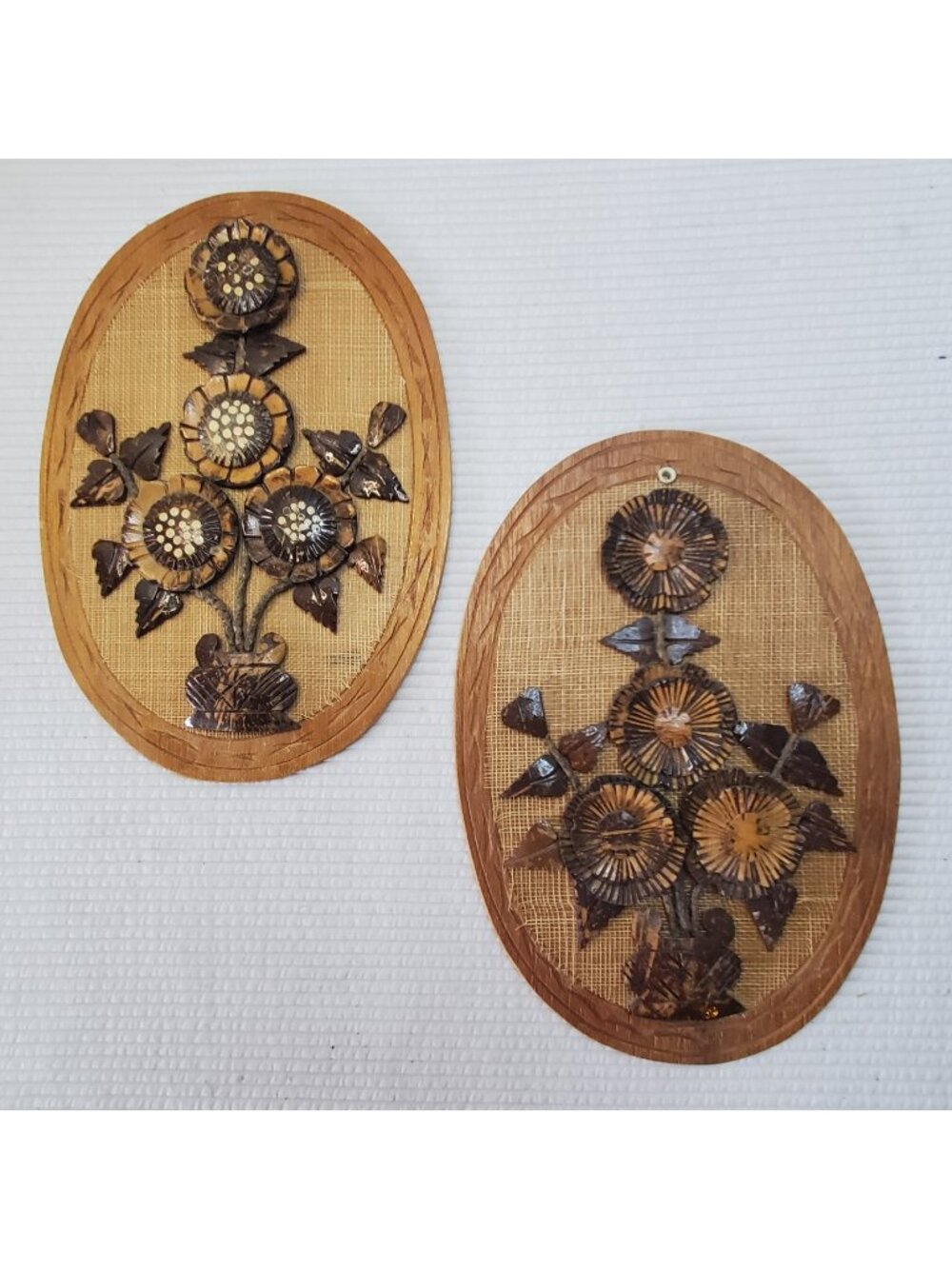 2 Hand Carved Coconut Shell Wood Floral Wall Hanging MCM Cottagecore Plaques